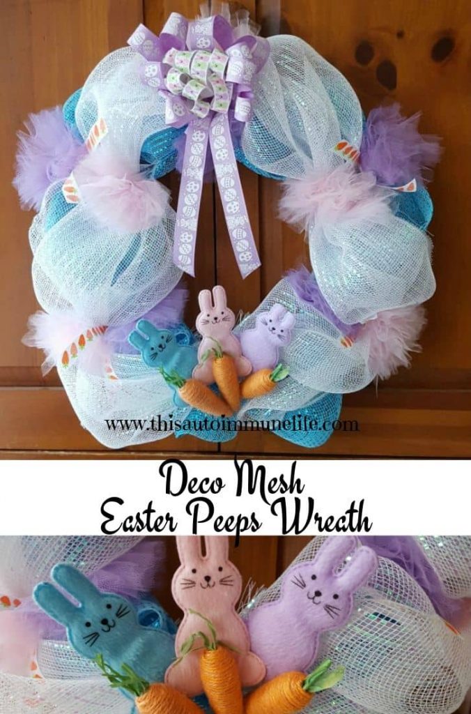 Deco Mesh Easter Peeps Wreath from www.thisautoimmunelife.com #Easter #Wreath #DecoMesh #EasterPeeps