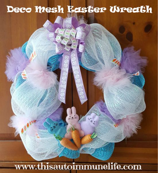 Deco Mesh Easter Wreath for March Craft Destash Challenge www.thisautoimmunelife.com #Easter #Wreath #DecoMesh #DIY